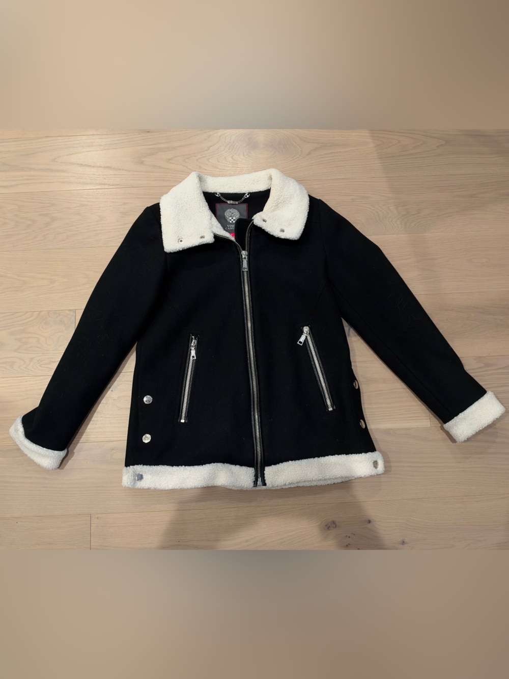 Vince Camuto Black Mid-Weight White Shearling Trim Zip Jacket with Pockets